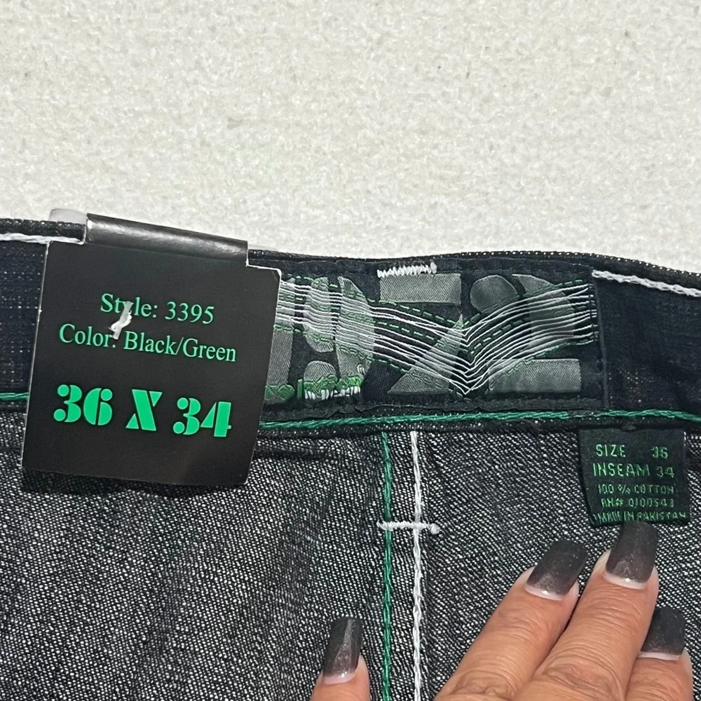 Evolution In Design Mens Black Green Contrast Stitch Jeans 36x34 NWT